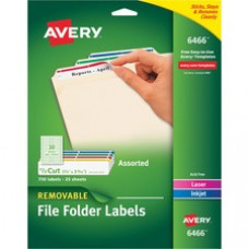 Avery® Removable File Folder Labels with Sure Feed(TM), 2/3" x 3-7/16", 750 Assorted Labels (6466) - Removable Adhesive - 21/32" Width x 3 7/16" Length - Rectangle - Laser, Inkjet - Assorted - 30 / Sheet - 750 / Pack