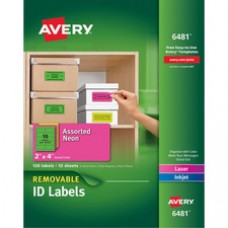 Avery® Multipurpose Labels, Removable, Assorted Neon, 2 x 4 Inches, Pack of 120 (6481) - Removable Adhesive - 2