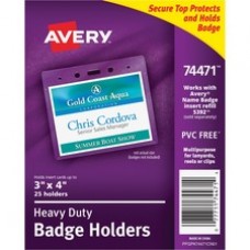 Avery® Heavy-Duty Secure Top Clear Badge Holders, Fits Inserts up to 3" x 4", Landscape, 25 Holders (74471) - 3" x 4" - Vinyl - 25 / Pack - Clear