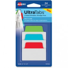 Avery® Multiuse Ultra Tabs(R), 2 x 1.5, 2-Side Writable, Red/Blue/Green, 24 Repositionable Tabs (74754) - 24 Write-on Tab(s) - 1.50