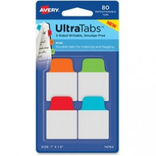 Avery® Mini Ultra Tabs(R), 1 x 1.5, 2-Side Writable, Red/Blue/Orange, 80 Repositionable Tabs (74763) - Write-on Tab(s) - 1.50