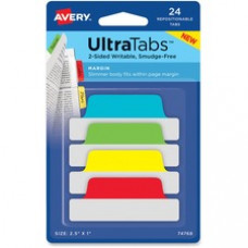 Avery® Ultra Tabs(R), 2.5 x 1, 2-Side Writable, Red/Yellow/Green, 24 Repositionable Margin Tabs (74768) - 1