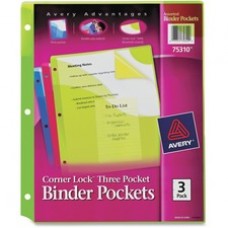 Avery® Corner Lock(R) Binder Pockets, Fits 3-Ring Binders, with Three Assorted Pockets, Blue, Green, Pink (75310) - 20 x Page Capacity - For Letter 8 1/2" x 11" Sheet - 3 x Holes - Ring Binder - Rectangular - Assorted, 