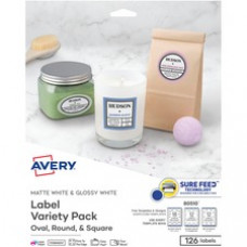 Avery® Sure Feed Label Variety Pack - Permanent Adhesive - Assorted, Round, Oval, Square - Laser, Inkjet - White - Paper - 14 / Sheet - 48 Total Sheets - 630 Total Label(s) - 5 / Carton