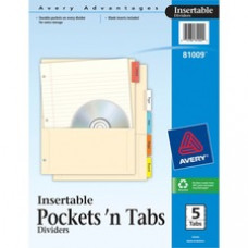 Avery® Insertable Dividers with Pockets, Manila Paper, 5 Multicolor Tabs, 1 Set (81009) - 5 Tab(s) - 5 Tab(s)/Set - 8.9