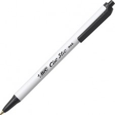 BIC Clic Stic Retractable Ballpoint Pens - Medium Pen Point - Black - White Barrel - 12 / Dozen