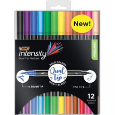 BIC Fineliner 2-in-1 Dual Tip Markers - Fine, Broad Marker Point - Assorted Water Based Ink - 12 / Pack