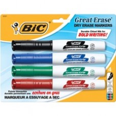 BIC Great Erase Chisel Point Whiteboard Markers - Fine Marker Point - Chisel Marker Point Style - Assorted, Blue, Green, Red - 4 / Set