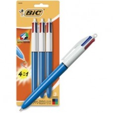 BIC 4-Color Retractable Ball Pen - Medium Pen Point - 1 mm Pen Point Size - Conical Pen Point Style - Refillable - Black, Blue, Green, Red - Opaque Blue Barrel - 3 / Pack