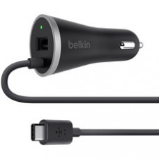 Belkin USB-A Port/USB-C Car Charger - 1 Pack - 15 W - 12 V DC Input - Black