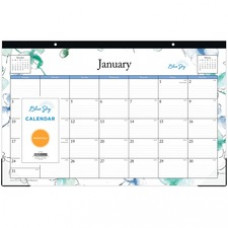 Blue Sky Lindley Desk Pad - Julian Dates - 12 Month - January - December - 1 Month Single Page Layout - 2 x Holes - Desk Pad - Watercolor Green/Blue - Paper - 11