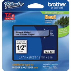 Brother P-touch TZe Laminated Tape Cartridges - 1/2" Width x 26 1/5 ft Length - Black, Clear - 1 Each