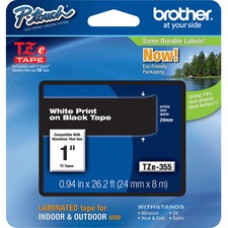 Brother P-touch TZe 1" Laminated Tape Cartridge - 1" Width x 26 1/5 ft Length - Rectangle - Thermal Transfer - White, Black - 1 Each