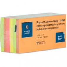 Business Source Repositionable Neon Notes - 3" x 3" - Square - Neon - Removable, Repositionable, Solvent-free Adhesive - 12 / Pack