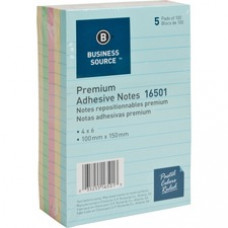 Business Source Ruled Adhesive Notes - 4" x 6" - Square - Ruled - Pastel - Self-adhesive, Solvent-free Adhesive - 5 / Pack