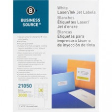 Business Source Bright White Premium-quality Address Labels - Permanent Adhesive -1" x 2 5/8" Length - Permanent Adhesive - Rectangle - Laser, Inkjet - White - 30 / Sheet - 100 Total Sheets - 3000 / Pack