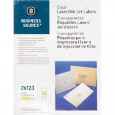 Business Source Clear Laser Print Mailing Labels - Permanent Adhesive - 1" Width x 2 3/4" Length - Rectangle - Laser - Clear - 30 / Sheet - 1500 / Pack