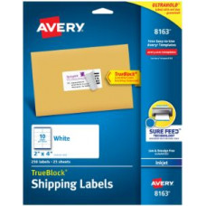Avery® TrueBlock(R) Shipping Labels, Sure Feed(TM) Technology, Permanent Adhesive, 2" x 4", 250 Labels (8163) - Permanent Adhesive - 2" Width x 4" Length - Rectangle - Inkjet - White - 10 / Sheet - 250 / Pack
