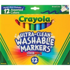Crayola Classic Washable Markers - Broad Marker Point - Conical Marker Point Style - Assorted, Orange, Yellow, Green, Blue, Violet, Brown, Black, Gray, Flamingo Pink, Blue, ... Water Based Ink - 12 / Set