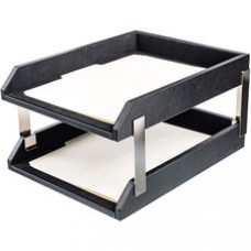 Dacasso Classic Leather Double Letter Trays - Desktop - Black - Top Grain Leather, Velveteen - 1 Each