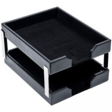Dacasso Bonded Leather Double Letter Trays - Desktop - Black - Bonded Leather, Velveteen - 1 Each