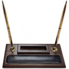 Dacasso Walnut & Leather Double Pen Stand/Cell Phone Holder - Leather, Wood, Rubber - 1 Each - Black, Walnut