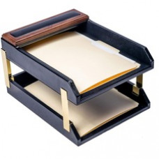 Dacasso Walnut & Leather Double Letter Trays - Desktop - Black - Top Grain Leather, Walnut, Velveteen - 1 Each