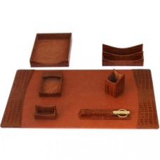 Protacini Cognac Brown Italian Patent Leather 7-Piece Desk Set - Leather, Velveteen - Brown - 1 Each