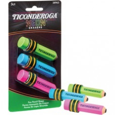 Ticonderoga Style Eraser - Neon Assorted - Assorted - Pencil - 3 Each - Latex-free, Non-toxic, Smudge-free