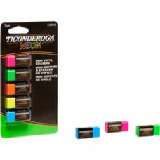 Ticonderoga Neon Mini Erasers - Neon Pink, Neon Green, Neon Orange, Neon Yellow, Neon Blue - Vinyl - 5 / Pack - Latex-free, Soft, Smudge-free, Residue-free, Non-abrasive, Non-tearing, Non-toxic