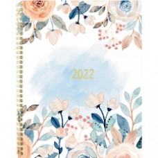 Rediform Spring Design Monthly Planner - Julian Dates - Weekly, Monthly - 14 Month - December - January - 1 Month Double Page Layout - White Sheet - Twin Wire - Desk - Blue, Gold - Wood - Translucent - 11