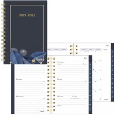 Blueline Academic Planner - Academic/Professional - Weekly, Monthly - 13 Month - August 2022 - July 2023 - 1 Week, 1 Month Double Page Layout - Twin Wire - Desk - Navy, Gold - Paper - 8