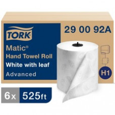 TORK Hand Roll Towel - Tork Matic Hand Towel Roll, White With Gray Leaf, Advanced, H1, 100% Recycled Fiber, High Absorbency, Medium Capacity, 2-Ply, 6 Rolls x 525 ft, 290092A