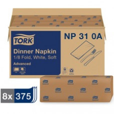 Tork White Dinner Napkin - Tork White Dinner Napkin, Advanced, 1/8 Fold 2-ply, 8 x 375 napkins, 15