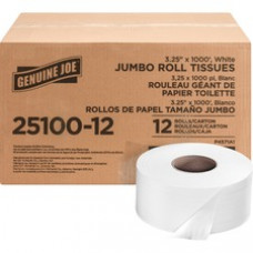 Genuine Joe 2-ply Jumbo Roll Dispnsr Bath Tissue - 2 Ply - 3.25" x 1000 ft - 9" Roll Diameter - White - Nonperforated, Unscented - 12 / Carton