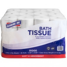Genuine Joe Solutions Double Capacity 2-ply Bath Tissue - 2 Ply - 1000 Sheets/Roll - White - Virgin Fiber - Embossed, Chlorine-free - For Bathroom - 36 / Carton