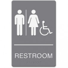 Headline Signs ADA Wheelchair/RESTROOM Image Sign - 1 Each - Restroom (Man/Woman/Wheelchair) Print/Message - Rectangular Shape - Adhesive, Braille - Plastic - White - TAA Compliant