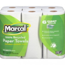 Marcal 100% Recycled, Giant Roll Paper Towels - 2 Ply - 140 Sheets/Roll - White - Perforated, Absorbent - 24 / Carton