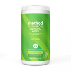 Method All-purpose Cleaning Wipes - Ready-To-Use Wipe - Lime + Seasalt Scent - 70 / Tub - 1 Each - Green