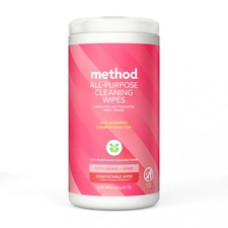 Method All-purpose Cleaning Wipes - Ready-To-Use Wipe - Pink Grapefruit Scent - 70 / Tub - 1 Each - Pink