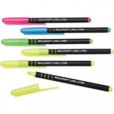 SKILCRAFT Line Liter Pocket Highlighters - Chisel Marker Point Style - Fluorescent Yellow, Fluorescent Pink, Fluorescent Blue, Fluorescent Green - Rubberized Barrel - 6 / Pack