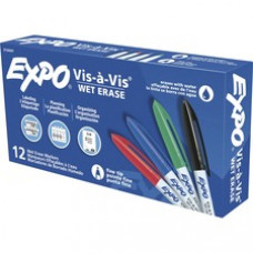 Expo Vis-A-Vis Wet-Erase Markers - Fine Marker Point - Black, Red, Green, Blue - 12 / Dozen