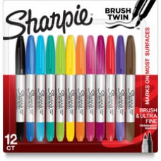 Sanford Brush Twin Permanent Markers - Ultra Fine Marker Point - Brush Marker Point Style - Assorted - 12 / Pack