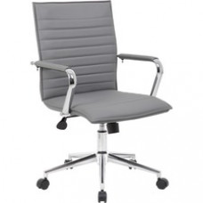 Boss Grey Vinyl Hospitality Chair - Gray Vinyl Seat - Gray Vinyl Back - Chrome Frame - 5-star Base - Armrest - 1 Each