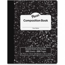 Pacon Composition Book - 100 Sheets - 200 Pages - College Ruled - 9.8" x 7.5" - White Paper - Black Marble Cover - 1Each