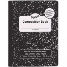 Pacon Marble Hard Cover Wide Rule Composition Book - 1 Subject(s) - 100 Sheets - 200 Pages - Wide Ruled Red Margin - 9.75