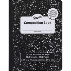 Pacon Marble Hard Cover College Rule Composition Book - 100 Sheets - 200 Pages - College Ruled Red Margin - 9.75