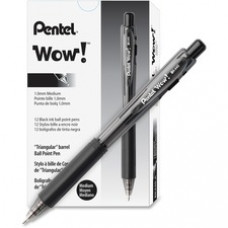 Pentel WOW! Retractable Ballpoint Pens - Medium Pen Point - 1 mm Pen Point Size - Black - Black Barrel - 12 / Dozen