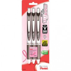 Pentel EnerGel Pink BCA Ribbon RTX Liquid Gel Pens - Medium Pen Point - 0.7 mm Pen Point Size - Refillable - Black Gel-based Ink - Black, Silver Barrel - 3 / Pack