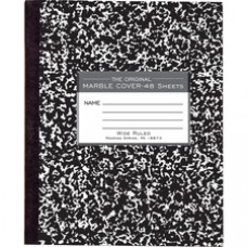 Roaring Spring Tape Bound Composition Notebooks - 48 Sheets - Sewn/Tapebound Red Margin - 15 lb Basis Weight - 7" x 8 1/2" - White Paper - Black Marble, White Cover Marble - Flexible Cover, Portable, Smooth - 